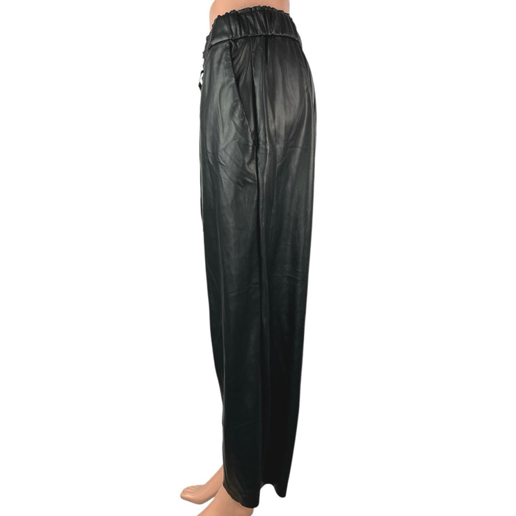 DKNY Women's Black Wide Leg Faux Vegan Leather Pull On Crop Trousers Pants Sz L