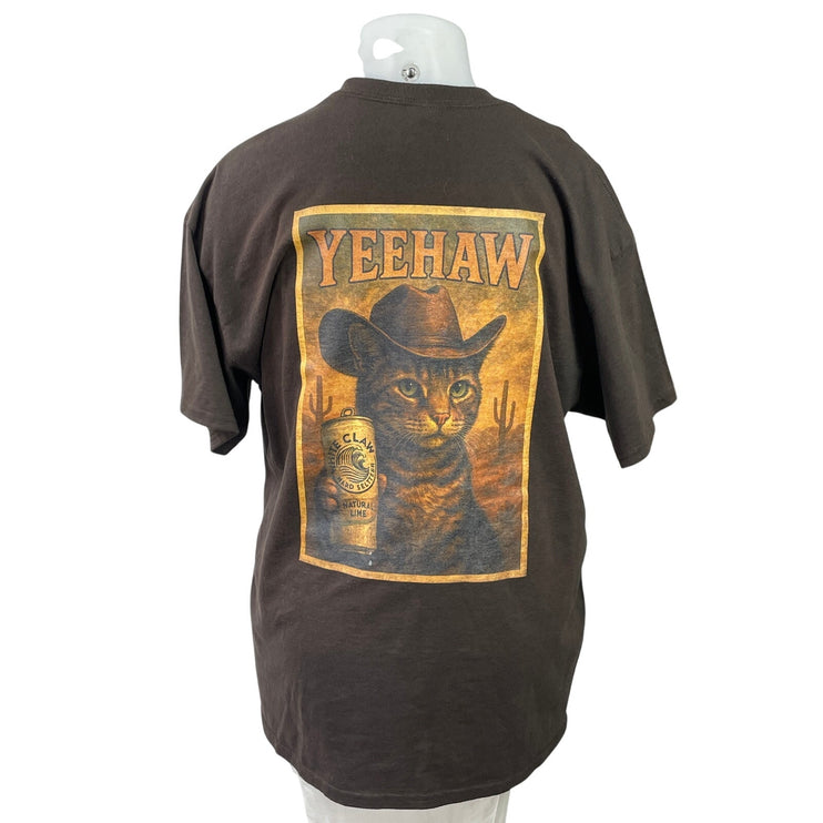 Women's Brown Yeehaw Cowboy Cat Western Short Sleeve T Shirt Tee Top Size XL