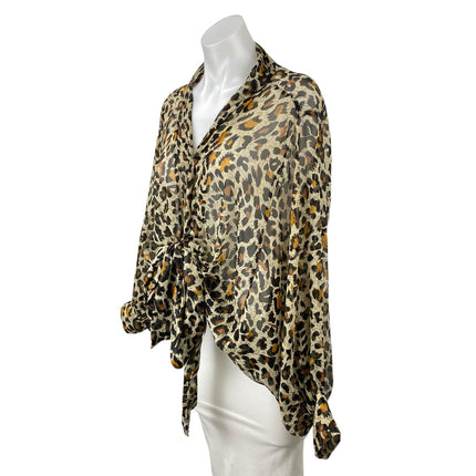 Free People Celia Womens Sheer Leopard Print Tie Front Long Sleeve Blouse Top OS