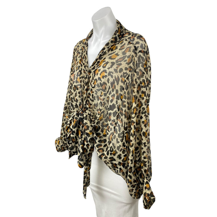 Free People Celia Womens Sheer Leopard Print Tie Front Long Sleeve Blouse Top OS