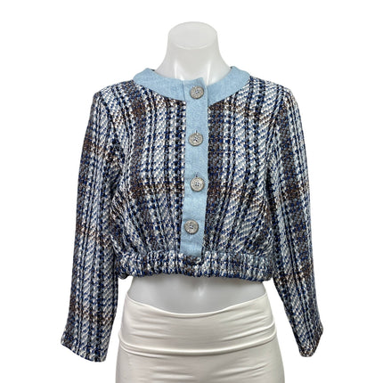 Zara Blue Tweed Long Sleeve Plaid Button Down Textured Cropped Jacket Top Size S