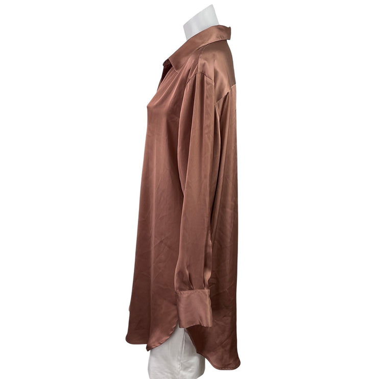 H&M Womens Brown Silky Satin Collared Long Sleeve Oversized Tunic Shirt Top Sz S