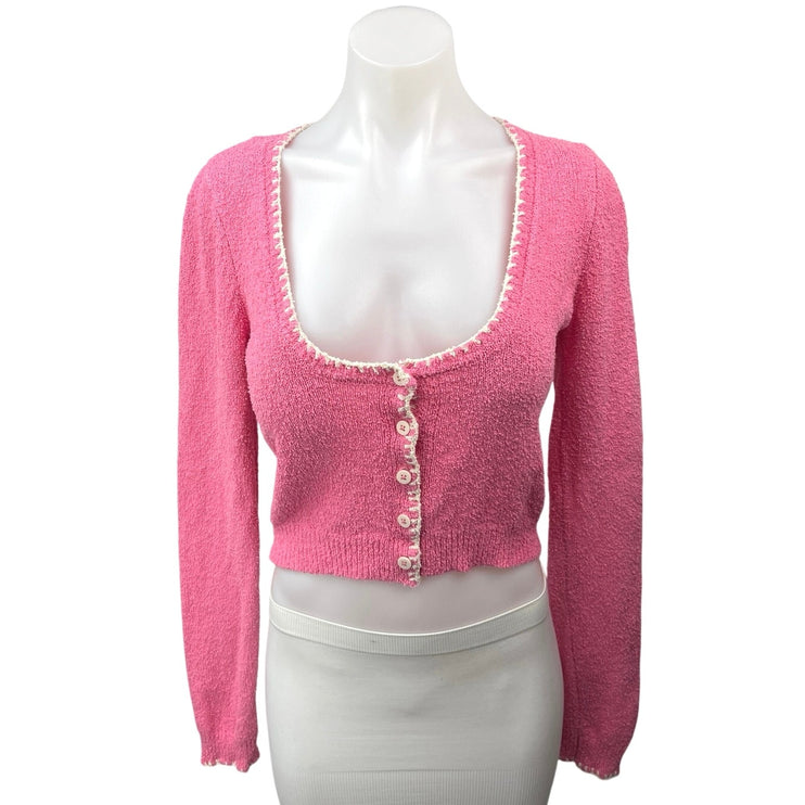 Zara Pink White Scoop Neck Button Down Cropped Cardigan Sweater Top Size M