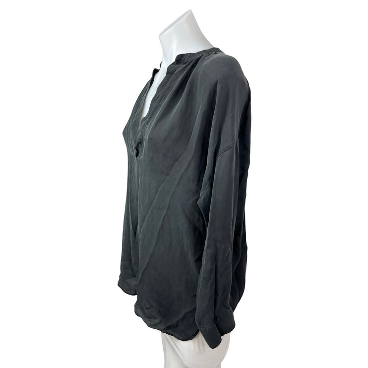 Vince 100% Silk Women's Black Ruched Deep V Neck Long Sleeve Tunic Blouse Top XS