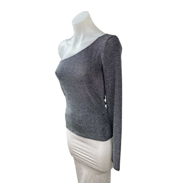Reformation Sparkly Sterling Metallic Gray One Shoulder Long Sleeve Blouse Top S
