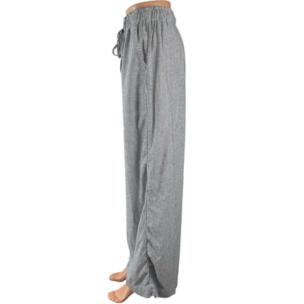 Max Studio Navy Blue Linen Striped High Rise Tie Wide Leg Trousers Pants Size S