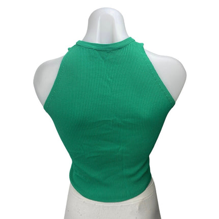 Zara Women's Green Rib Knit Cutout Sleeveless High Neck Raceback Crop Tank Top S