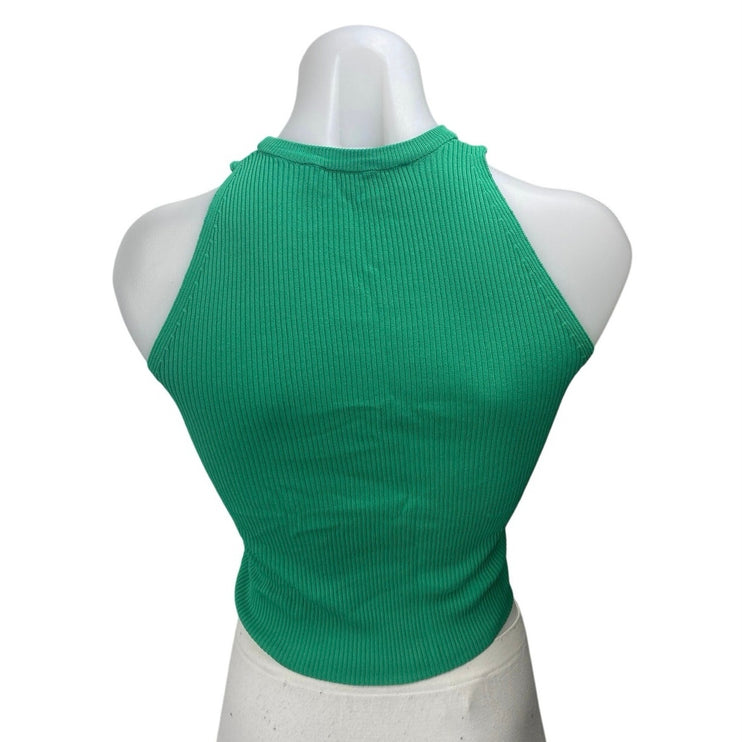 Zara Women's Green Rib Knit Cutout Sleeveless High Neck Raceback Crop Tank Top S