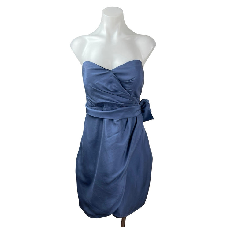 Jenny Yoo Blue Silk Satin Strapless Sweetheart Bow Tie Mini Sheath Dress Size 4