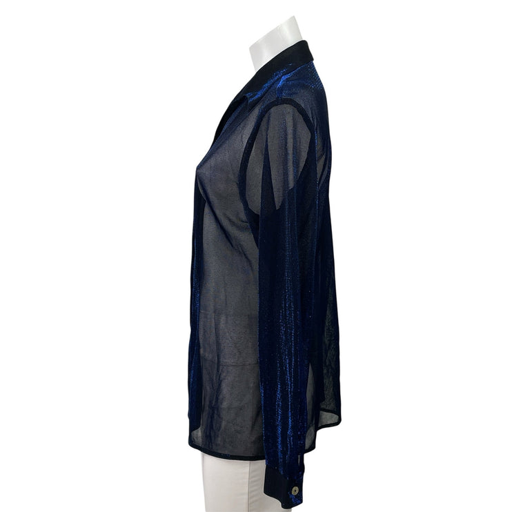 Camille Claudel Blue Sheer Mesh Metallic Sparkly Long Sleeve Button Up Shirt L