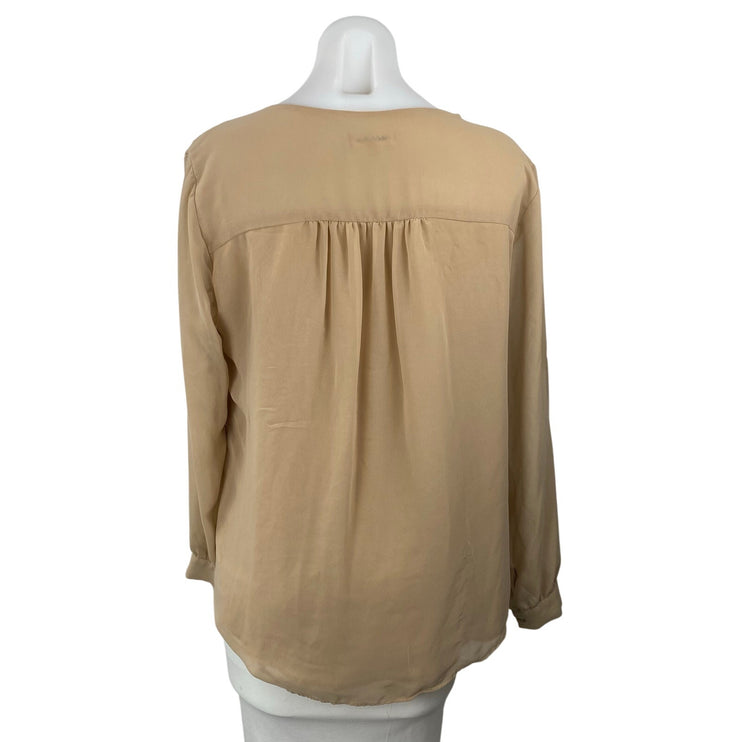 Calvin Klein Women's Beige Sheer Ruffled V Neck Long Sleeve Office Blouse Top M