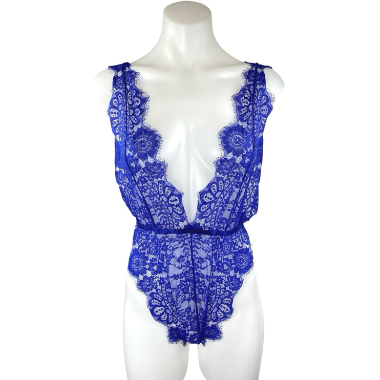 Women's Blue Floral Lace Deep Neck Chiffon Sheer 2-Piece Lingerie Matching Set L