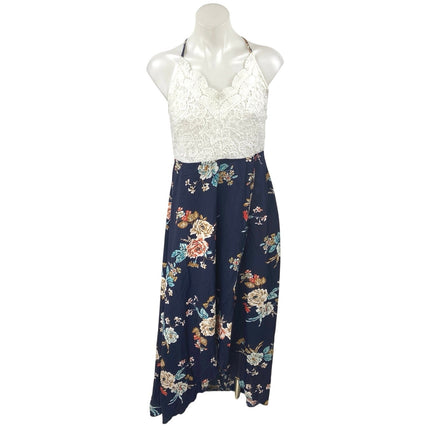 Shein White Blue Floral Crochet Knit Sleeveless Cross Back A Line Maxi Dress XL