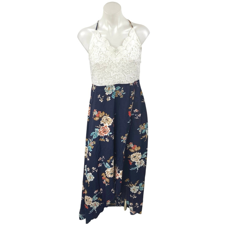 Shein White Blue Floral Crochet Knit Sleeveless Cross Back A Line Maxi Dress XL