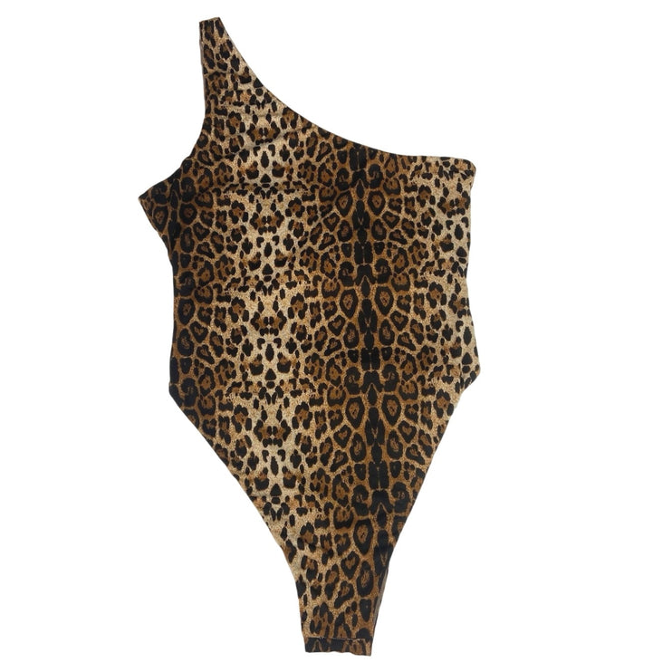 Meshki Brown Leopard Print One Shoulder Cutout Convertible One Piece Bikini Sz M