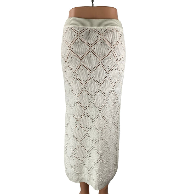 Women's White Ivory Argyle Open Knit Pencil Cover Up Sweater Midi Skirt Size S