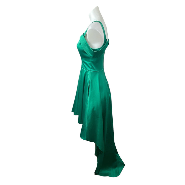 Sequin Hearts Green Silk Satin Cold Shoulder Fit & Flare High Low Dress Size S