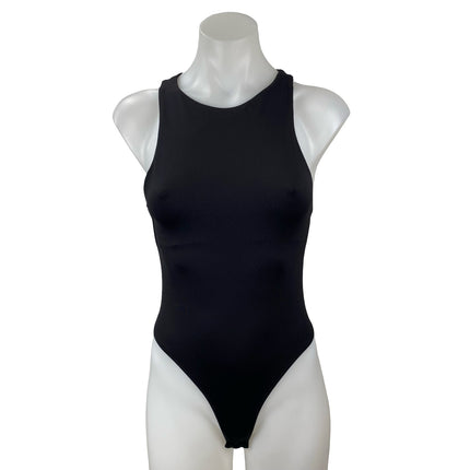 Zara Women's Black Sleeveless High Neck Tank Cami Thong Bodysuit Top Size S