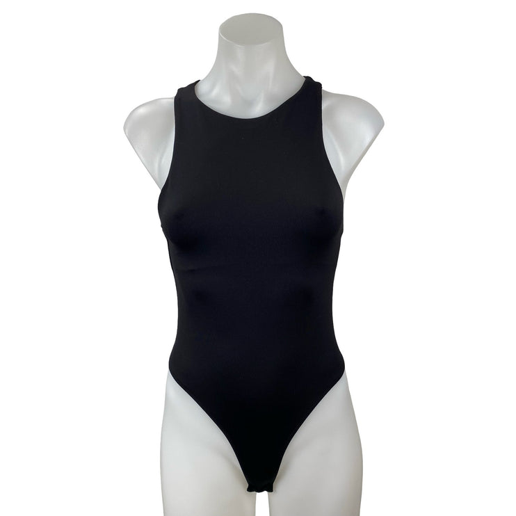 Zara Women's Black Sleeveless High Neck Tank Cami Thong Bodysuit Top Size S