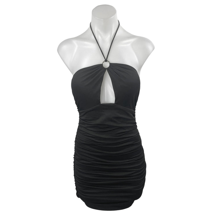 Princess Polly Black Sleeveless Halter Tie Ruched Cutout Mini Bodycon Dress Sz 4