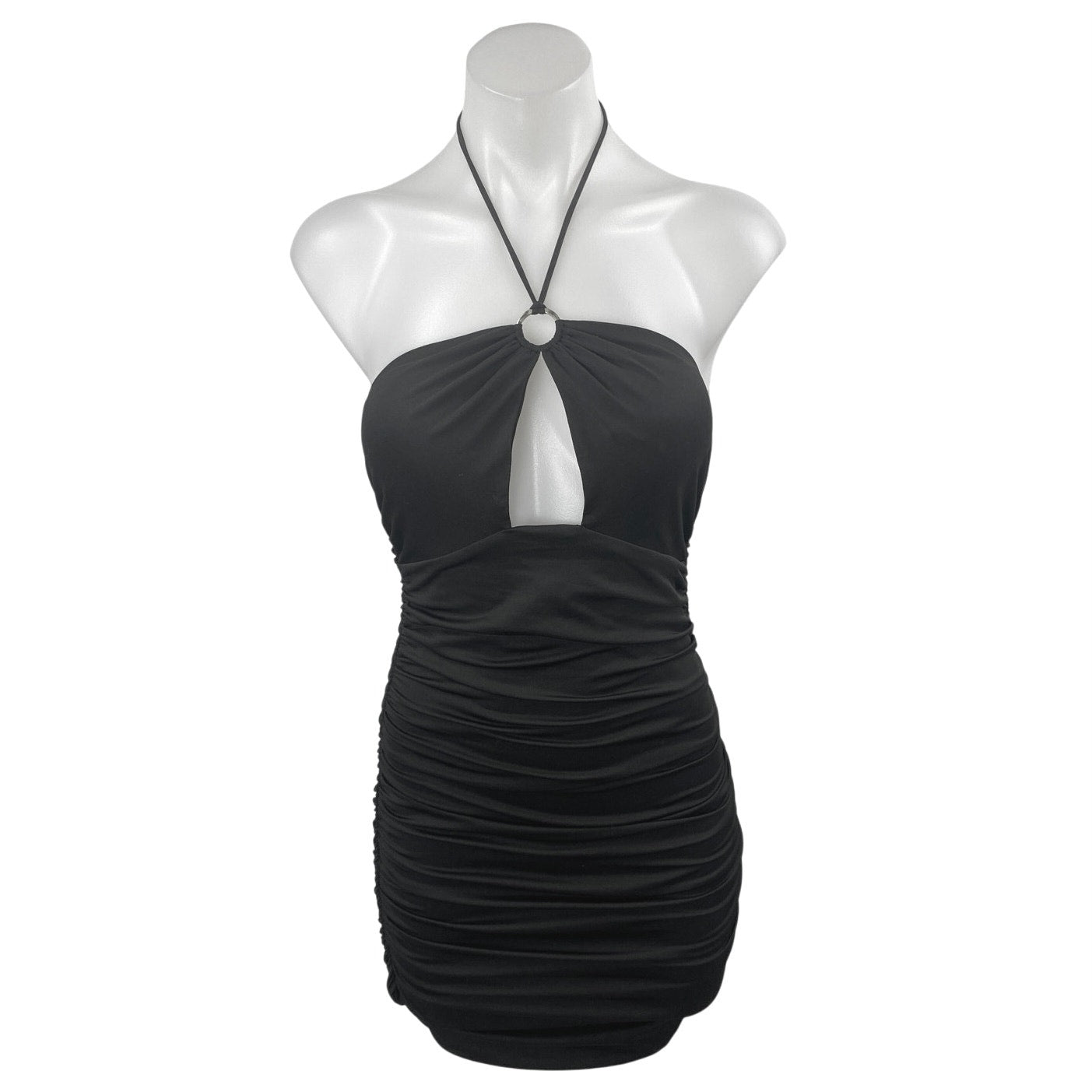 Princess Polly Black Sleeveless Halter Tie Ruched Cutout Mini Bodycon Brie Princess Polly Black Sleeveless Halter Tie Ruched Cutout Mini Bodycon Brie