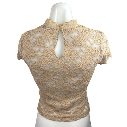 Zara Women's Beige Mock Neck Cap Sleeve Embroidered Lace Blouse Tee Top Size S