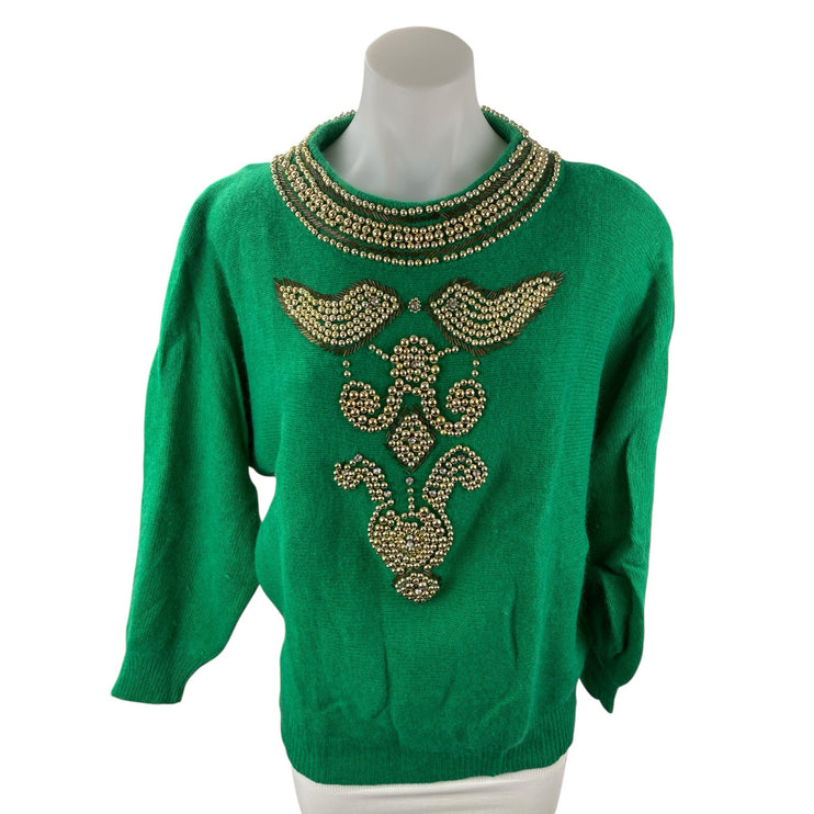 VIntage Eddie Bassin Women's Green Wool Gold Beaded Long Sleeve Sweater Top M
