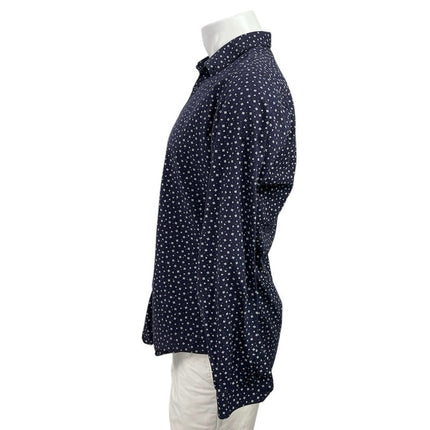 Zara Men's Navy Blue Long Sleeve Slim Fit Printed Button Down Shirt To Size L