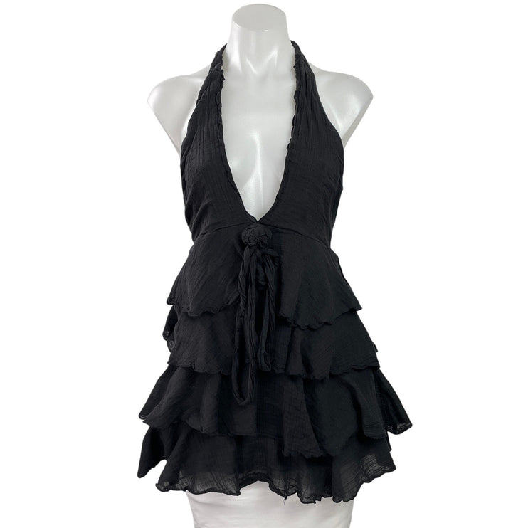 Zara Womens Black Sleeveless Halter Ruffle Layered Mini Fit & Flare Dress Sz XS