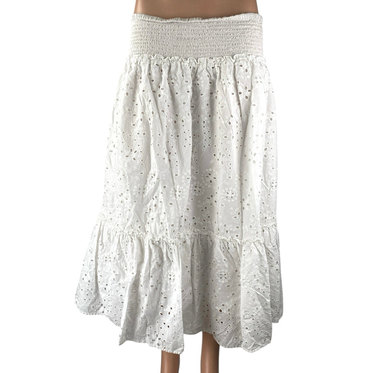 Jennifer & Grace White Floral Smocked Tiered Eyelet Midi Boho A-Line Skirt Sz XL