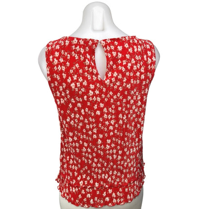 Banana Republic Red White Pleated Floral Sleeveless Boat Neck Blouse Top Size XS