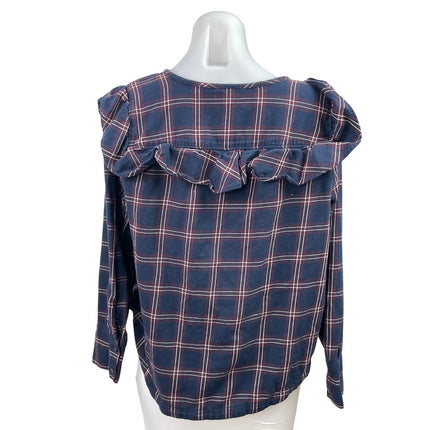 Madewell Women's Blue Plaid Ruffle Yoke Long Sleeve Check Blouse Top Size M