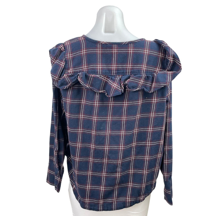 Madewell Women's Blue Plaid Ruffle Yoke Long Sleeve Check Blouse Top Size M