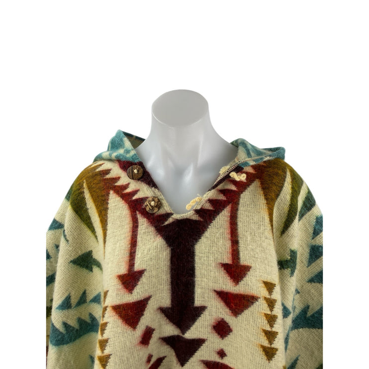 Runa Arts 100% Wool Multicolor Aztec Tribal Hoodie Hooded Fringe Poncho Sweater