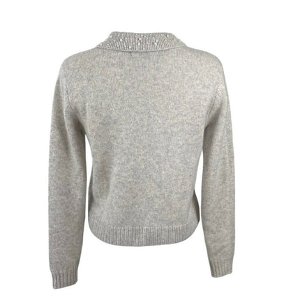 Tahari Gray 100% Cashmere Beaded Pearl Collar Knit Long Sleeve Sweater Size S