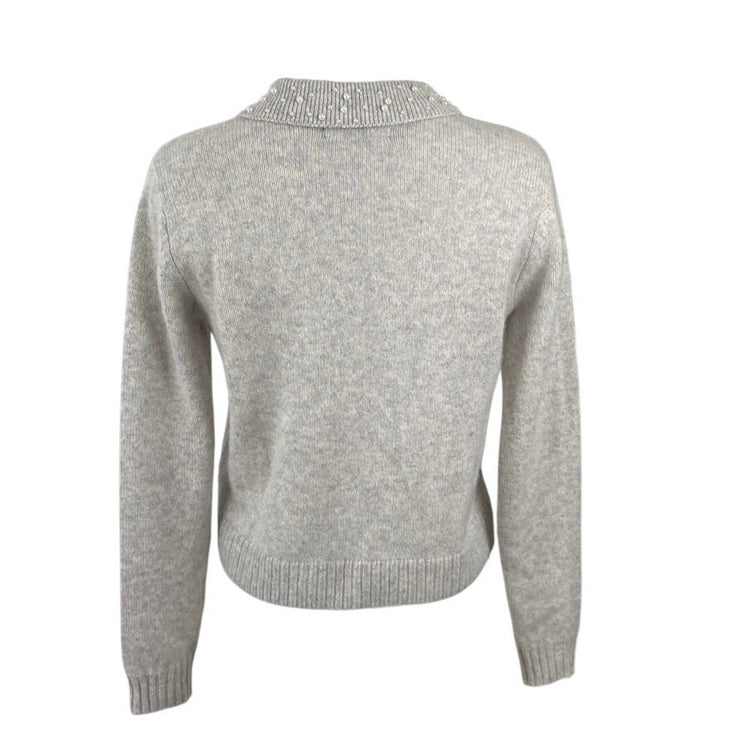Tahari Gray 100% Cashmere Beaded Pearl Collar Knit Long Sleeve Sweater Size S