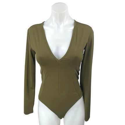 Free People Intimately Women Green Long Sleeve Deep V Thong Bodysuit Top Size S