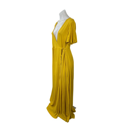 Lulus Much Obliged Women's Yellow Deep V Neck Short Sleeve Maxi Wrap Dress Sz L