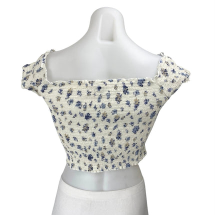 Urban Outfitters White Floral Smocked Short Sleeve Ruffle Crop Blouse Top Size S