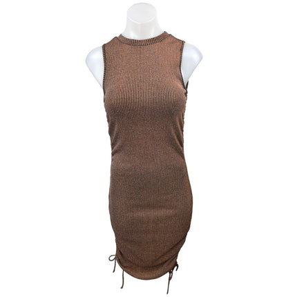 DNT Brown Metallic Rib Knit Sleeveless Ruched Tie Cami Midi Bodycon Tank Dress S