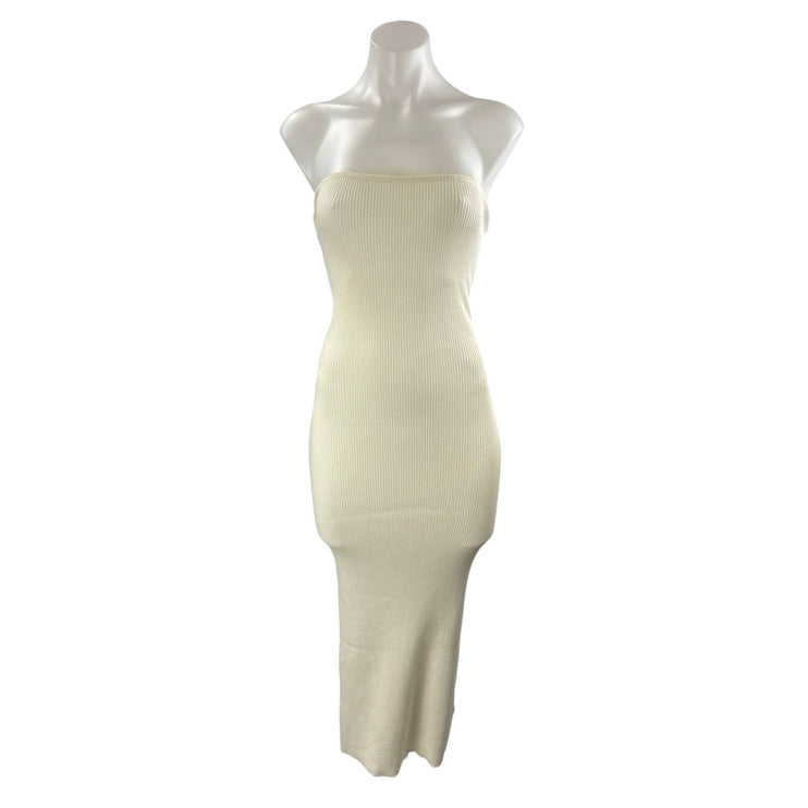 H&M Women Cream Ribbed Strapless Tube Bandeau Maxi Bodycon Pencil Sheath Dress S