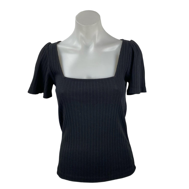 Ann Taylor LOFT Womens Black Short Sleeve Tie Square Neck Knit Blouse Top Size S