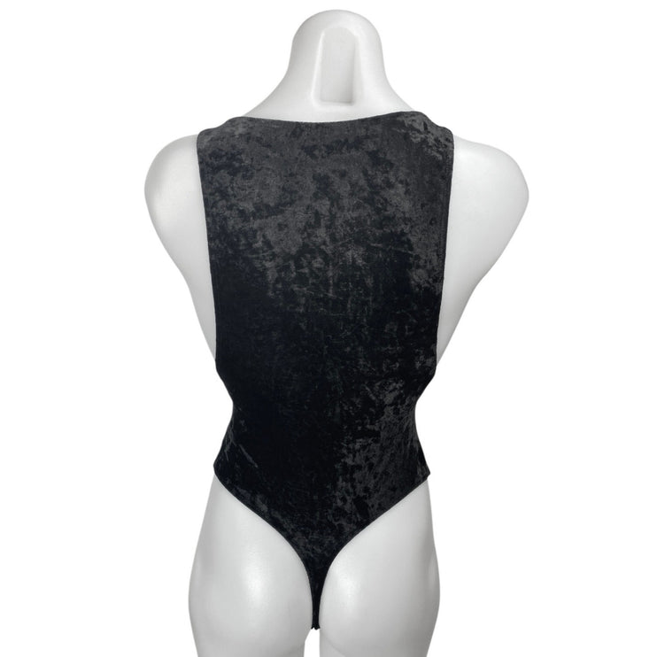 Free People Black Velvet Velour Sleeveless High Neck Tank Thong Bodysuit Top XS