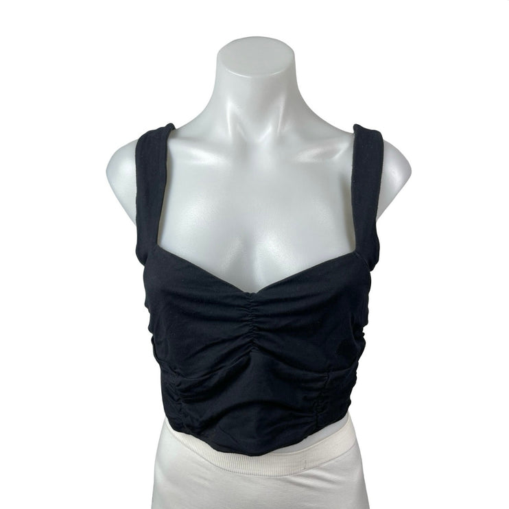 Anthropologie Maeve Black Sleeveless V Neck Ruched Corset Bustier Crop Top Sz S