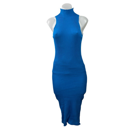 BB'S Blue Sleeveless High Neck Ribbed Knit Sculpt Midi Bodycon Dress Size L