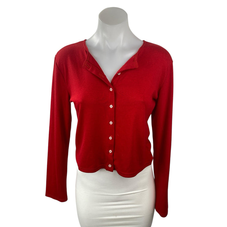 Le Bop Women's Red Round Neck Long Sleeve Button Down Cardigan Sweater Top Sz S