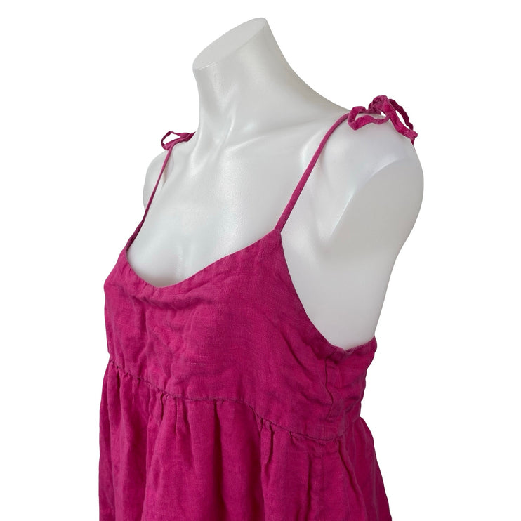 Zara Pink 100% Linen Tie Cami Strap Backless Babydoll Ruffle Mini Dress Size M