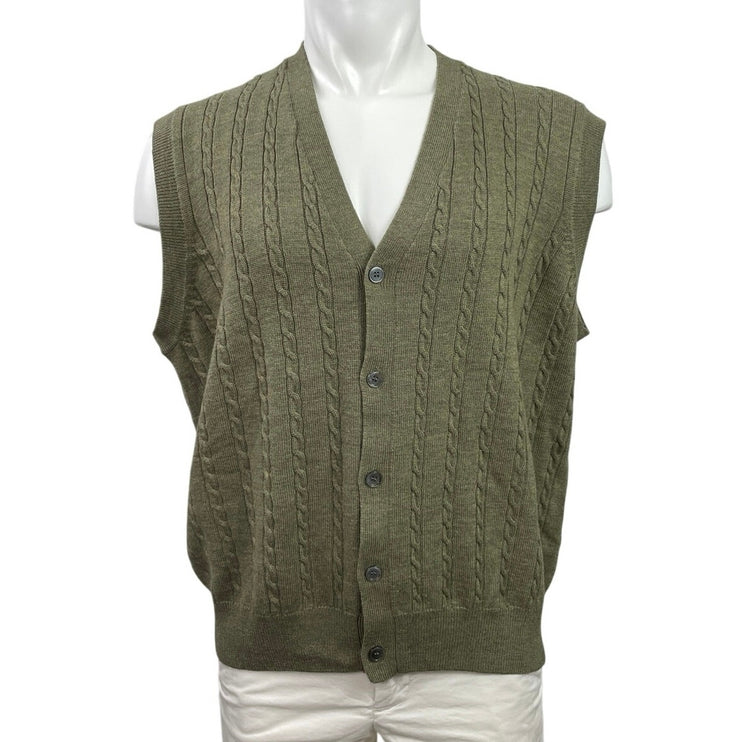 Viyella 100% Merino Wool Green Cable Knit Button Down Cardigan Vest Tank Top XL