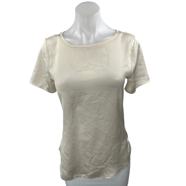 Ann Taylor Women's Cream Silky Satin Crewneck Short Sleeve Shirt Blouse Top XS