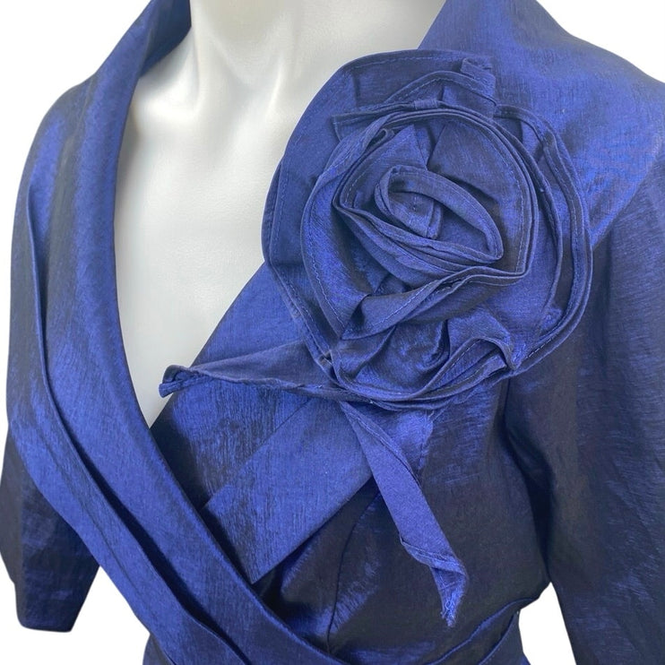Jessica Howard Blue Taffeta Flower Pleated 3/4 Sleeve Belt Midi A-Line Dress 12P